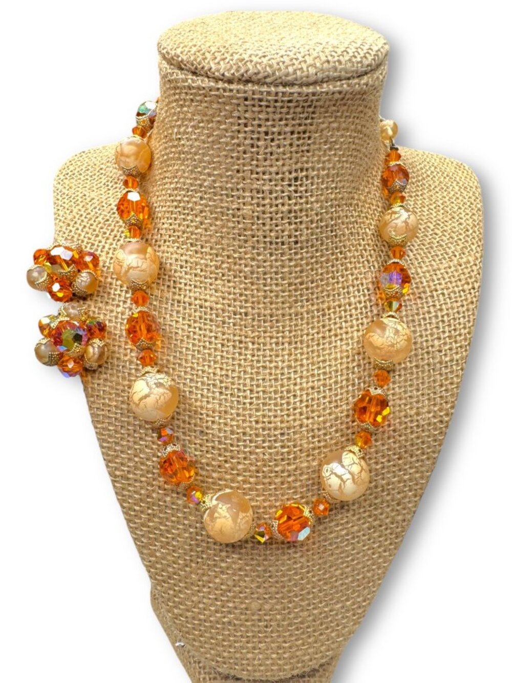 Mid Century Orange AB Crystal Necklace Earrings Set UV Glow Vintage